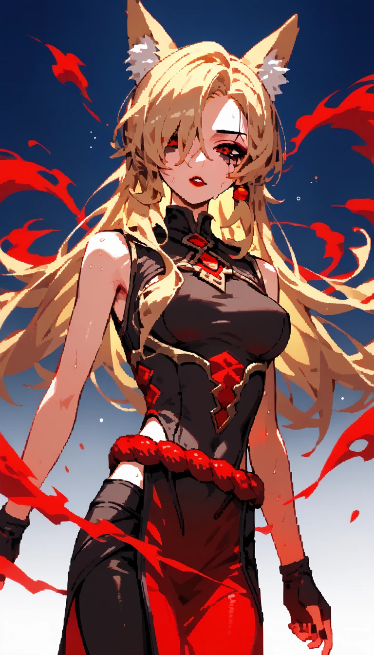 ,   hair covers the eye,  1 girl fights,    long golden hair, 4K,    red eyes , , fox ears,   Duration   , hair template   ,   Compose  ,   black mascara  ,  vest ,  , thief costume   ,  sweat, height 180 centimeters,   beautiful , anime,    red lipstick   