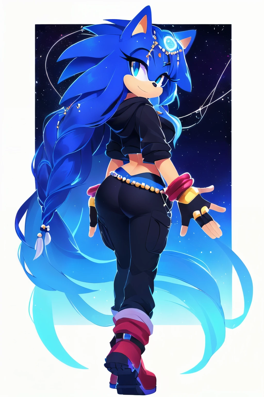 Sonic oc, Mobian, female, sonic the hedgehog but female, Cosmic hedgehog, A beautiful light blue hedgehog, purplish blue eyes, very long hair/quills, braided and beaded long hair bangs, long streaks of hair on each side of her face, (star constellation on hair, beads on hair, smooth fur, slim thick hourglass body, slim fit, wearing a black hoodie, grey baggy shirt, black cargo pants, boots, fingerless gloves, beaded hair and rings on hair flowing hair, back view