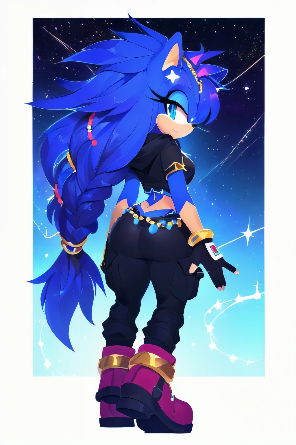 Sonic oc, Mobian, female, sonic the hedgehog but female, Cosmic hedgehog, A beautiful light blue hedgehog, purplish blue eyes, very long hair/quills, braided and beaded long hair bangs, long streaks of hair on each side of her face, (star constellation on hair, beads on hair, smooth fur, slim thick hourglass body, slim fit, wearing a black hoodie, grey baggy shirt, black cargo pants, boots, fingerless gloves, beaded hair and rings on hair flowing hair, back view