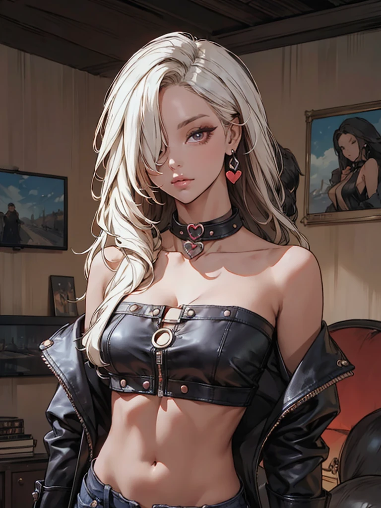 girl, covering one eye, off-shoulder cropped jacket, leather jacket, navel, long hair, hair over one eye, messy hair, looking at viewer, mysterious, deep stares, heart-shaped earring, leather choker, detached collar, crop top, aztec, white highlights, (red pupil:0.6), black leather, medieval living room,