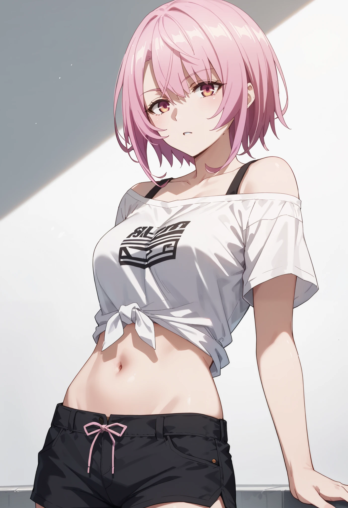 score_9,score_8_up,score_7_up,,solo,smart_sitri,short_hair,pink_hair,white shirt,tied tsirt,midriff,navel,black shorts