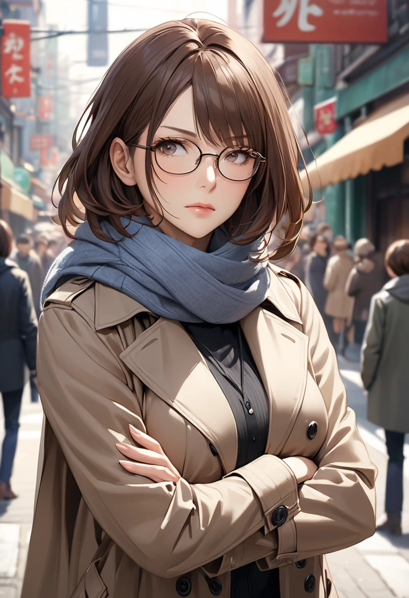 Ogata Saeko  ,  crowded street corner  ,  out baunnsu hair's semi-short brown hair、 middle-aged woman with semi-short brown hair rolled up and hanging from one eye , One person,  wearing square rimmed glasses , Middle-aged woman wearing a trench coat and scarf  ,  slender style ,  serious expression ,  arms crossed , Intelligent and mature cool vibe  , Alone , Realistic and captivating portrayal , Detailed and realistic skin texture(( Blurred Background))