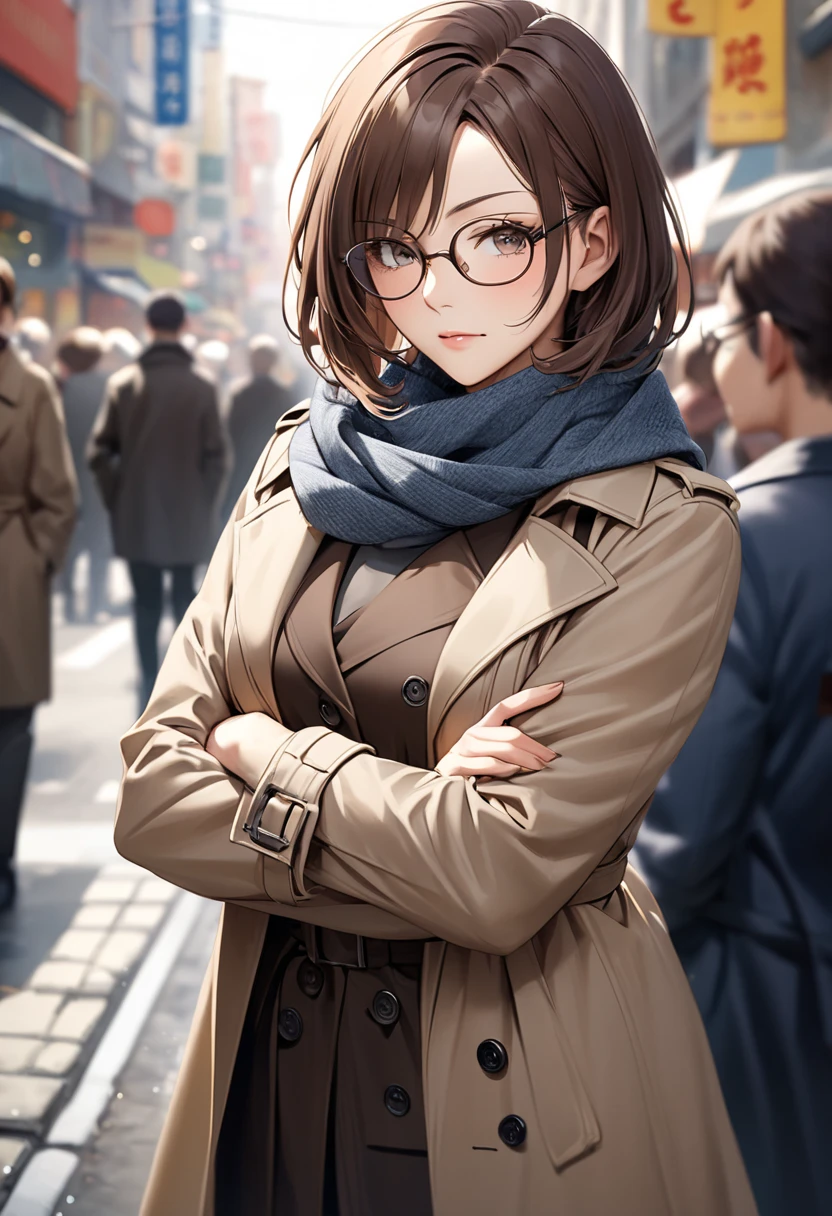 Ogata Saeko  ,  crowded street corner  ,  out baunnsu hair's semi-short brown hair、 middle-aged woman with semi-short brown hair rolled up and hanging from one eye , One person,  wearing square rimmed glasses , Middle-aged woman wearing a trench coat and scarf  ,  slender style ,  serious expression ,  arms crossed , Intelligent and mature cool vibe  , Alone , Realistic and captivating portrayal , Detailed and realistic skin texture(( Blurred Background))