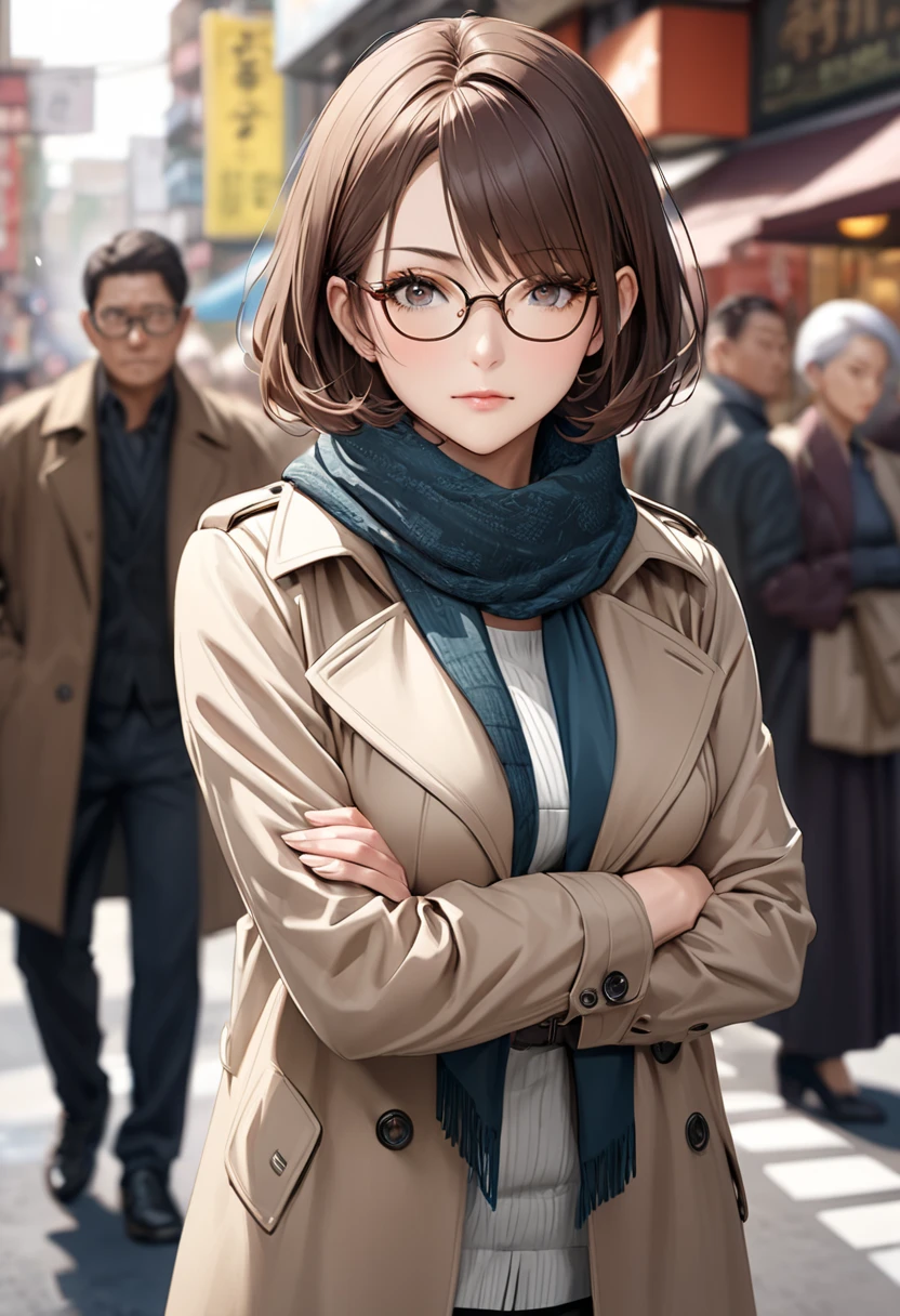 Ogata Saeko  ,  crowded street corner  ,  out baunnsu hair's semi-short brown hair、 middle-aged woman with semi-short brown hair rolled up and hanging from one eye , One person,  wearing square rimmed glasses , Middle-aged woman wearing a trench coat and scarf  ,  slender style ,  serious expression ,  arms crossed , Intelligent and mature cool vibe  , Alone , Realistic and captivating portrayal , Detailed and realistic skin texture(( Blurred Background))