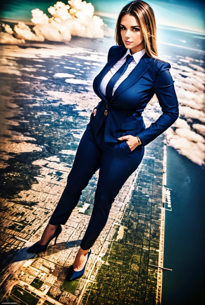 Hight altitude view of an approaching young giga giantess, Giantess art, 500 miles tall giga giantess, young sophisticated and stylish woman in a navy blue italian pinstriped trouser 3-peice suit, form fitting crisp office shirt, and a large wide light blue necktie in a windsor knot, with a beautiful, curvaceous figure, large natural breasts, and long blonde hair, with a curvaceous figure and massive breasts. wearing blue rounded court high heels with uncovered feet and standing, rampage-like pose, with a city skyscrapers background of mega-city, skyscapers, partially obscured by a hazy, cloudy atmosphere. The image is a high-resolution, masterpiece-quality, cinematic, ultra-detailed, and hyper-photorealistic photograph, with perfect hands, face, and lighting. ultra-detailed, 8K, photo-realistic, hyper-realistic, masterpiece, intricate details, full body view. Looking at camera, The image is a high-resolution, masterpiece-quality, cinematic, ultra-detailed, and hyper-photorealistic photograph, with perfect hands, face, and lighting. ultra-detailed, 8K, photo-realistic, hyper-realistic, masterpiece, intricate details, from high above