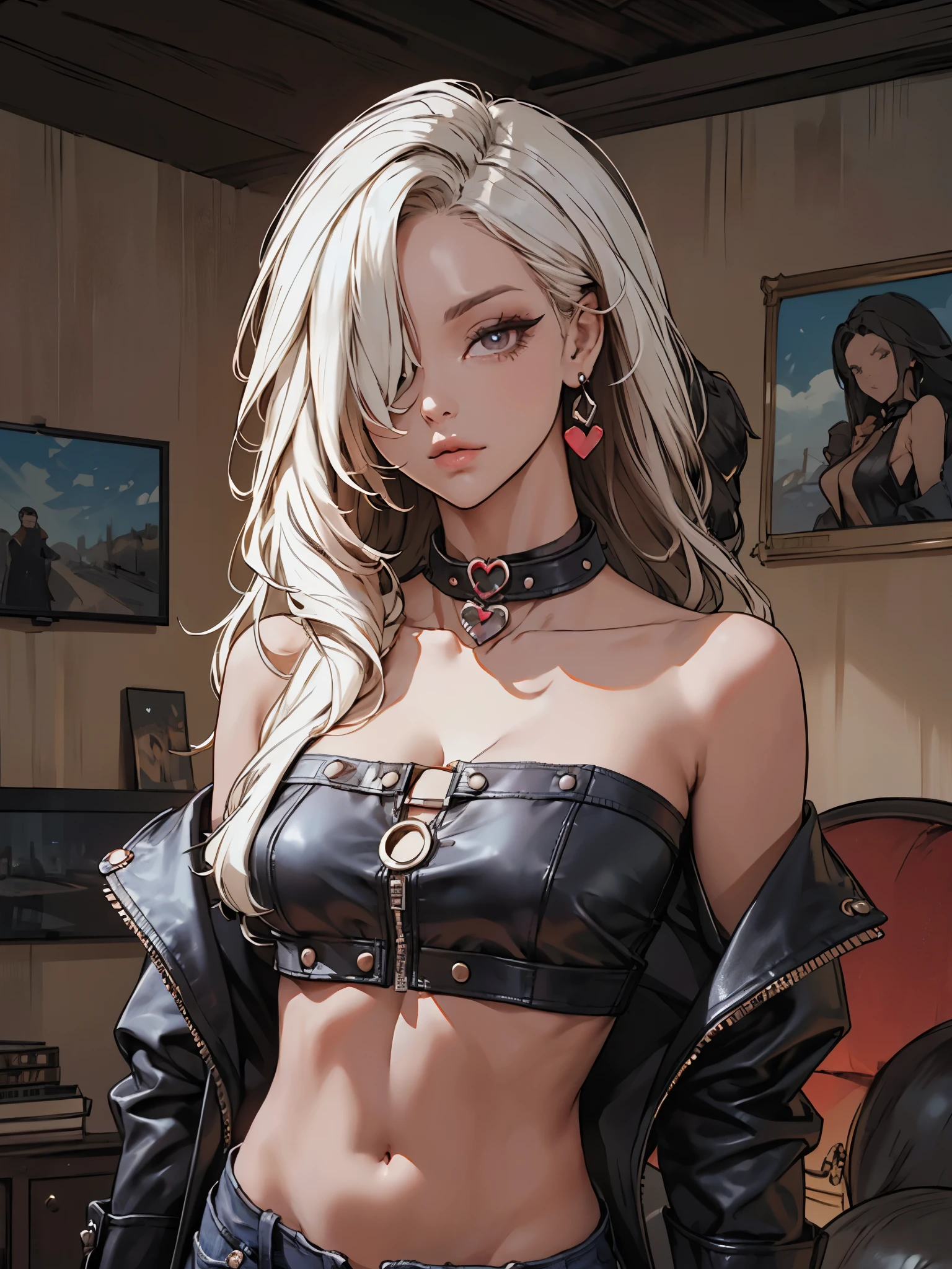 girl, covering one eye, off-shoulder cropped jacket, leather jacket, navel, long hair, hair over one eye, messy hair, looking at viewer, mysterious, deep stares, heart-shaped earring, leather choker, detached collar, crop top, aztec, white highlights, (red pupil:0.6), black leather, medieval living room,