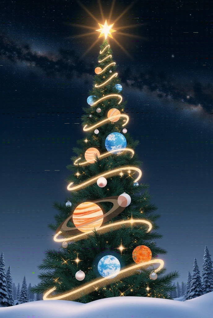 A surreal gigantic cosmic Christmas tree standing on a snowy surface, designed with a celestial theme. The tree is wrapped in spiral orbits adorned with planets of varying sizes, including Jupiter, Saturn, and others, with Earth positioned at the center, glowing brightly with a radiant and sparkling effect. Shimmering ornaments and glowing fairy lights are scattered throughout the design. At the top of the tree, a golden star emits a dazzling light. Above the tree, the words Merry Christmas and Happy New Year 2025 appears in a glowing, elegant font, blending seamlessly with the cosmic theme. The background features a dark, starry night sky with the Milky Way stretching across, creating a sense of wonder, mystery, and festive warmth.