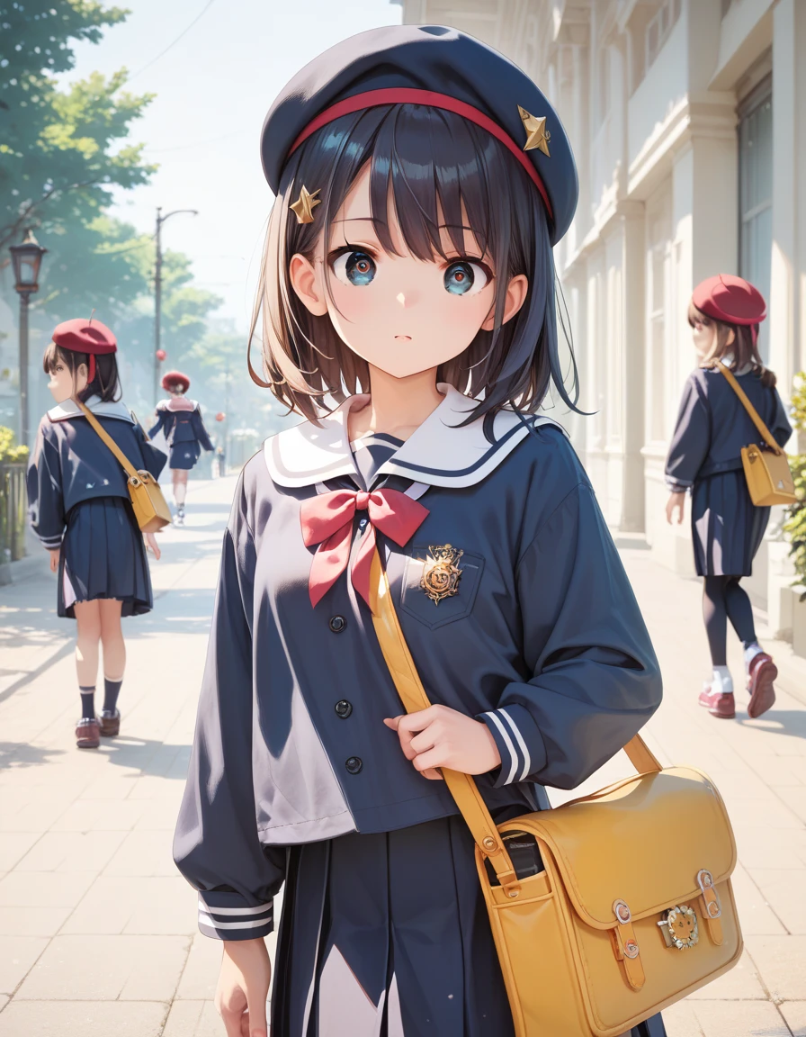 score_9, score_8_ up, score_7_ up, Source_Anime,  high resolution picture ,masterpiece, top quality , girl , cute face, clean skin, shiny hair, super detailed eyes,  simple background,    women's clothing,  school uniform, shoulder bag, beret