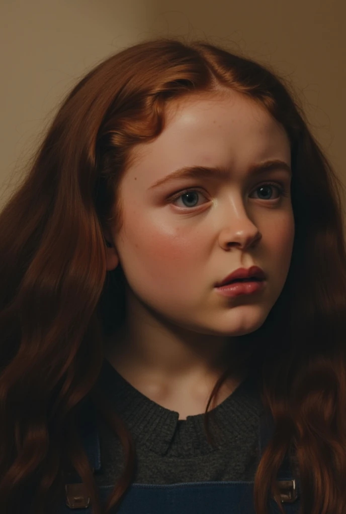 Sadie sink with a closed mouth but raised eyebrows surprised, Sadie sink