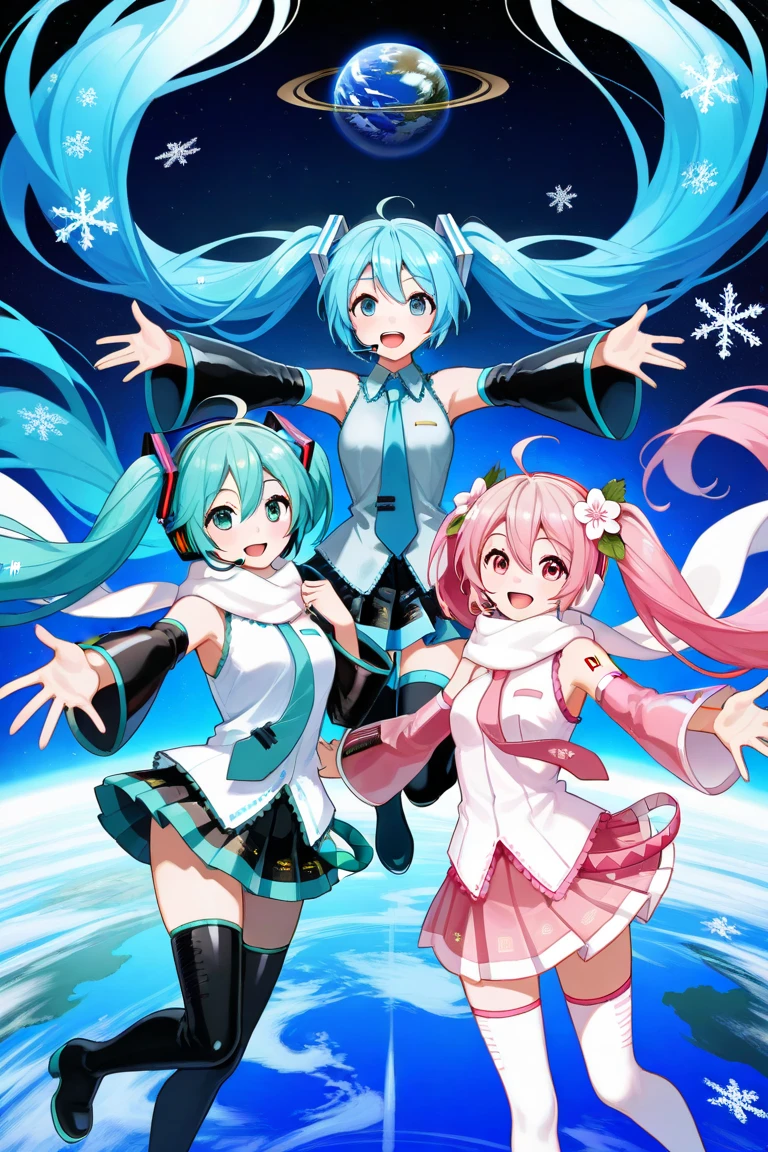 sakura miku, yuki miku, hatsune miku, long hair, looking at viewer, smile, open mouth, blue eyes, multiple girls, hair ornament, thighhighs, bare shoulders, twintails, blue hair, white shirt, pink hair, ahoge, :d, pleated skirt, detached sleeves, black skirt, hair flower, pink eyes, miniskirt, black footwear, 3girls, aqua eyes, zettai ryouiki, sleeveless shirt, floating hair, aqua hair, headphones, thigh boots, outstretched arms, star (sky), blue necktie, pink skirt, headset, white scarf, space, snowflakes, shoulder tattoo, planet, pink necktie, earth (planet), snowflake print, pink sleeves