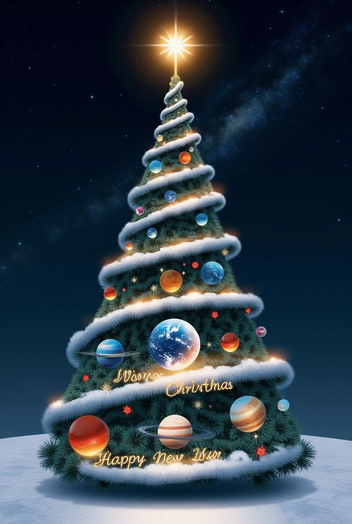 A surreal gigantic cosmic Christmas tree standing on a snowy surface, designed with a celestial theme. The tree is wrapped in spiral orbits adorned with planets of varying sizes, including Jupiter, Saturn, and others, with Earth positioned at the center, glowing brightly with a radiant and sparkling effect. Shimmering ornaments and glowing fairy lights are scattered throughout the design. At the top of the tree, a golden star emits a dazzling light. Above the tree, the words Merry Christmas and Happy New Year 2025 appears in a glowing, elegant font, blending seamlessly with the cosmic theme. The background features a dark, starry night sky with the Milky Way stretching across, creating a sense of wonder, mystery, and festive warmth.