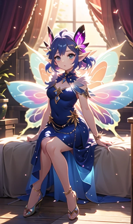 4k ultra hd, masterpiece, a girl, good face, detailed eyes, detailed lips, flower fairy girl, big wings, transparent wings, neon lights, magnificent background, white Transparent dress, ???????, no underwear, bare waist, flower crown, starry sky background, divine light, attractive pose,