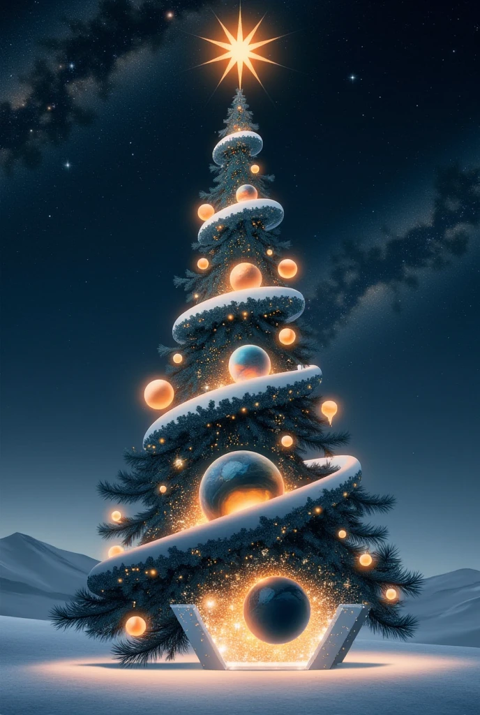 A surreal gigantic cosmic Christmas tree standing on a snowy surface, designed with a celestial theme. The tree is wrapped in spiral orbits adorned with planets of varying sizes, including Jupiter, Saturn, and others, with Earth positioned at the center, glowing brightly with a radiant and sparkling effect. Shimmering ornaments and glowing fairy lights are scattered throughout the design. At the top of the tree, a golden star emits a dazzling light. Above the tree, the words Merry Christmas and Happy New Year 2025 appears in a glowing, elegant font, blending seamlessly with the cosmic theme. The background features a dark, starry night sky with the Milky Way stretching across, creating a sense of wonder, mystery, and festive warmth.