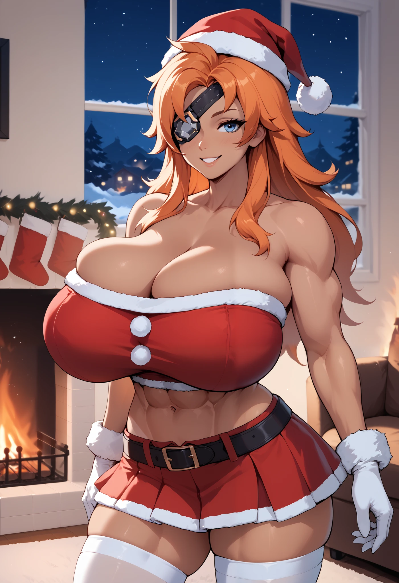 asher, 1girl, long hair, eyepatch, huge breasts, gloves, navel, orange hair, white gloves, muscular female, muscular, blue eyes, deep cleavage, tan-skinned female, cowboy shot, standing, livingroom, fireplace, chrismastree, presents, smile, Red santa tubetop with a white fur trim, red santa hat with a white fur trim, ((off shoulder, strapless, sleeveless, bare arms)), midriff, red santa skirt with a white fur trim, ((night)), skindentation, white stockings, bursting breasts, cleavage, breasts spilling out, arms wide,