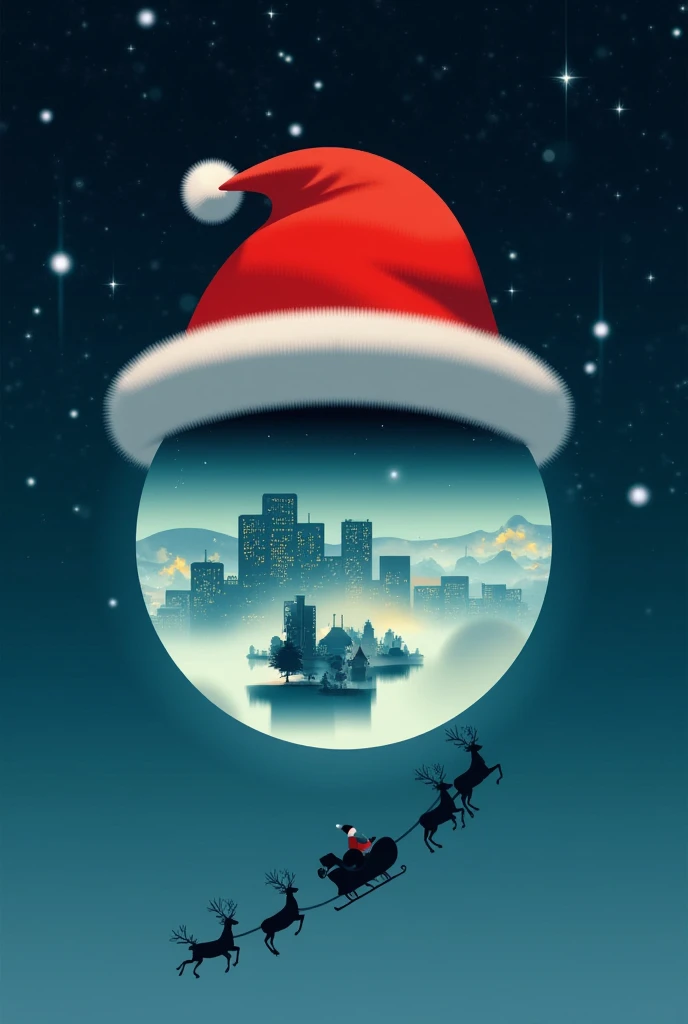 digital illustration depicts a whimsical holiday scene with a large red Santa hat, complete with a fluffy white trim, perched atop a bright, glowing blue-green planet, the earth. the Earth is in nighttime with brightly lit cities across the continents. Below the hat, a classic black sleigh with reindeer is visible, pulling Santa across the planet's surface. The background is a deep, starry night sky with numerous white stars scattered across a dark blue gradient. The image combines elements of fantasy and science fiction, blending festive holiday imagery with celestial elements.