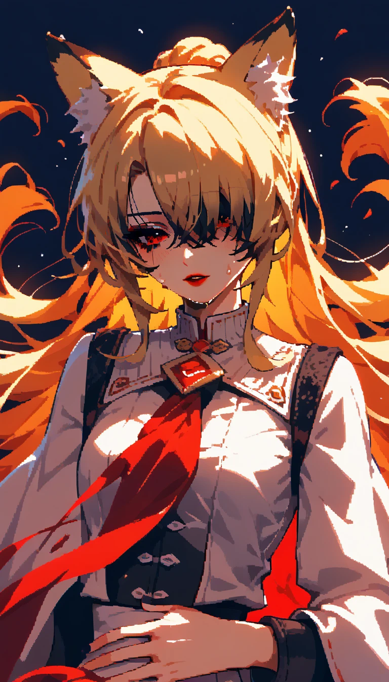 hair covers the eye,  1 girl fights,  long golden hair, 4K,  red eyes, fox ears,   Duration , hair template , Compose ,  black mascara ,  vest , sweat, height 180 centimeters,  beautiful , anime,  red lipstick , sex,  guy bangs a girl