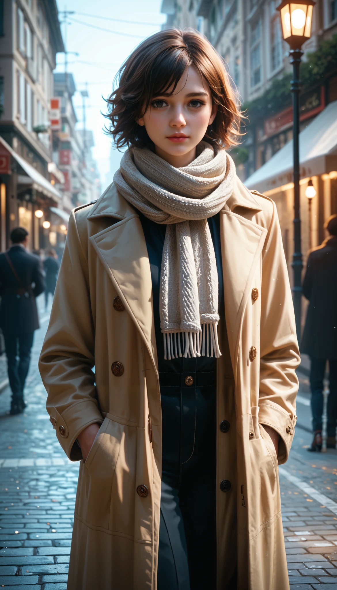 a stylish and elegant young woman wearing a long trench coat with intricate details, paired with a soft, cozy scarf wrapped around her neck, her hair gently tousled by the wind, standing on a cobblestone street in an atmospheric city setting, warm golden light from vintage streetlamps illuminating her silhouette, soft mist and faint raindrops in the background, subtle reflections on the wet ground, the trench coat flowing naturally with her movements, rich textures in fabric and scarf patterns, a blend of muted earth tones and soft contrasts, realistic and artistic composition, ultra-detailed and high-resolution, capturing a blend of sophistication and mystery,