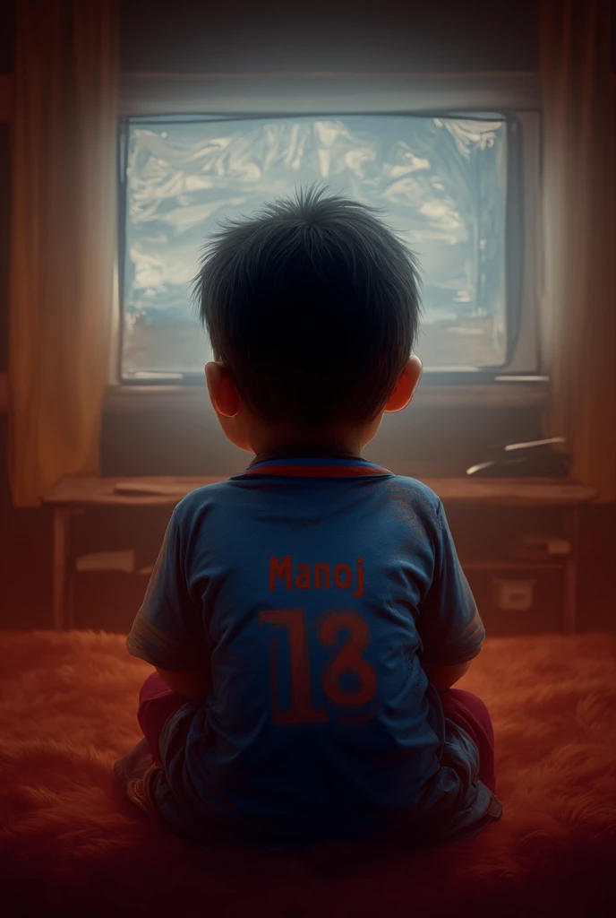 A boy sitting and watch tv and boy wearing orange colour tshirt and write name of hanuman