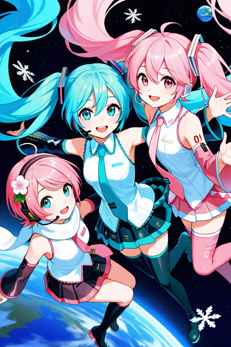 sakura miku, yuki miku, hatsune miku, long hair, looking at viewer, smile, open mouth, blue eyes, multiple girls, hair ornament, thighhighs, bare shoulders, twintails, blue hair, white shirt, pink hair, ahoge, :d, pleated skirt, detached sleeves, black skirt, hair flower, pink eyes, miniskirt, black footwear, 3girls, aqua eyes, zettai ryouiki, sleeveless shirt, floating hair, aqua hair, headphones, thigh boots, outstretched arms, star (sky), blue necktie, pink skirt, headset, white scarf, space, snowflakes, shoulder tattoo, planet, pink necktie, earth (planet), snowflake print, pink sleeves