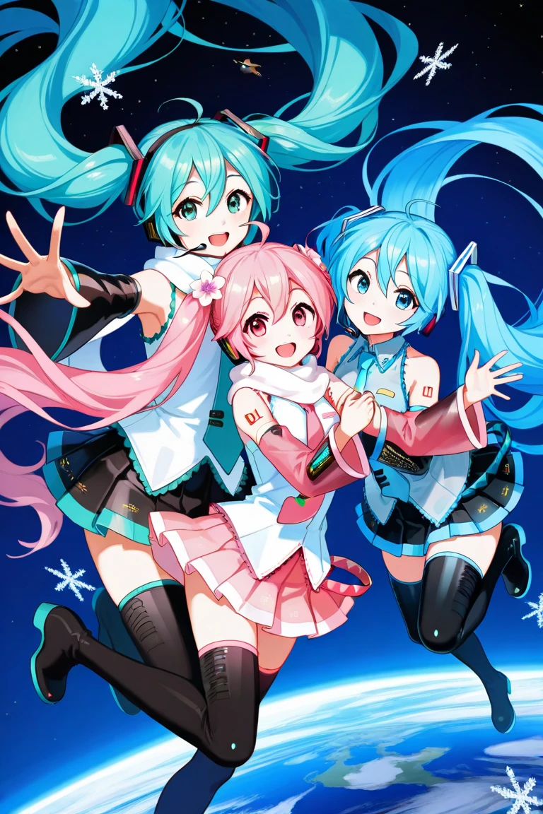 sakura miku, yuki miku, hatsune miku, long hair, looking at viewer, smile, open mouth, blue eyes, multiple girls, hair ornament, thighhighs, bare shoulders, twintails, blue hair, white shirt, pink hair, ahoge, :d, pleated skirt, detached sleeves, black skirt, hair flower, pink eyes, miniskirt, black footwear, 3girls, aqua eyes, zettai ryouiki, sleeveless shirt, floating hair, aqua hair, headphones, thigh boots, outstretched arms, star (sky), blue necktie, pink skirt, headset, white scarf, space, snowflakes, shoulder tattoo, planet, pink necktie, earth (planet), snowflake print, pink sleeves