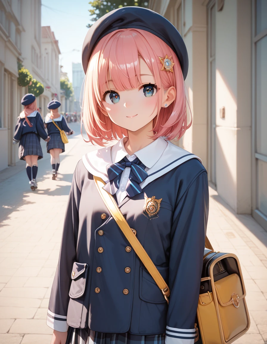 score_9, score_8_ up, score_7_ up, Source_Anime,  high resolution picture ,masterpiece, top quality , girl , cute face, clean skin, shiny hair, super detailed eyes,  simple background,  women's clothing,  school uniform, shoulder bag, beret