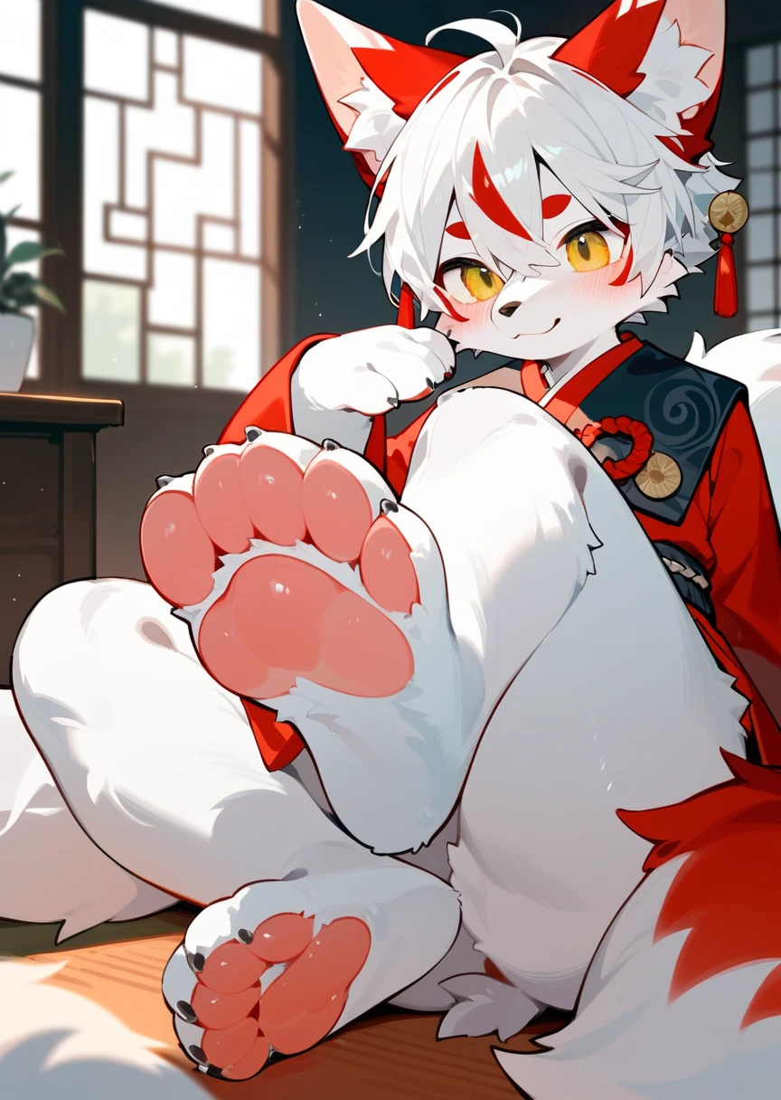 masterpiece,best quality,in the room，A cute fluffy furry kitsune male showing his feet,blush, Foot Focus,white fur with red ears, ,short white hair,half of tail is red,Anatomically correct, yellow eyes,fluffy leg, Look at the audience，scornful face