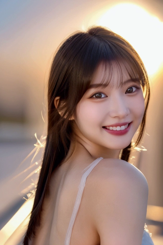  night background, Human-like、 looking at camera, Drooping eye corners, White teeth, ((20 years old)),  top quality ,  super high res, ( realistic: 1.4),  bright smile, ((The light shines)),  upper body, ( Center Split Hairstyle ), ((turn around)),  beauty