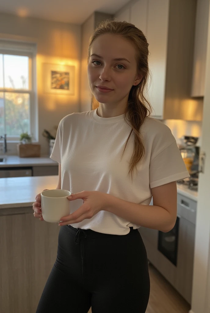  Selfie of a 23-year-old slim woman with long dark blonde hair and gray-brown eyes,   sitting in the kitchen holding a cup of coffee  .   She is wearing black leggings and a white T-shirt  .   the photo was taken slightly from above in front of her face  , Sunset photo  