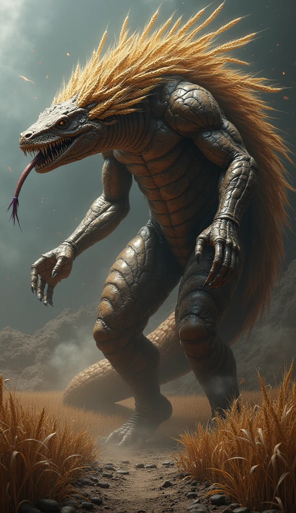 "Subject: A monstrous, hybrid creature, a fusion of a wheat grain and an anaconda, born from a dark fantasy galaxy.

Description:

Form: The creature should be enormous, at least twice the size of a large anaconda. Its body should be a blend of wheat grain and snake.
Musculature: Its muscles should be heavily defined and powerful, suggesting immense strength.
Color Palette: The creature's skin should be a dark, earthy brown, similar to that of wheat grains, with shimmering gold accents.
Wheat Grain Elements:
The creature's head should be shaped like a wheat grain, with a gaping maw filled with sharp teeth.
The body should have a series of segmented, armored plates resembling wheat husks.
The creature's tail should be thin and sinuous, tipped with a sharp, wheat-spike appendage.
Anaconda Elements:
The body should be long and serpentine, with a flexible and powerful physique.
Its eyes should be cold and reptilian, with vertical pupils.
The creature should have a long, forked tongue that flickers in and out of its mouth.
Background: The creature should be set against a backdrop of a dark, alien world. The scene should be chaotic, perhaps with a raging storm or a volcanic eruption.
Style:

The image should have a dark fantasy aesthetic, evoking a sense of danger and the unknown.
The lighting should be dramatic, with strong shadows and highlights to emphasize the creature's monstrous nature.
Details:

The creature should have a menacing expression, with a hint of predatory cunning in its eyes.
The image should be highly detailed, capturing the intricate details of the creature's anatomy.
Additional Notes:

The creature should be a fusion of the physical attributes of a wheat grain and an anaconda, not simply a combination of their images.
The resulting image should be evocative of the dark, alien world from which the creature originates.
Keywords: wheat grain, anaconda, hybrid, monster, dark fantasy, alien, monstrous, powerful, dangerous, mena