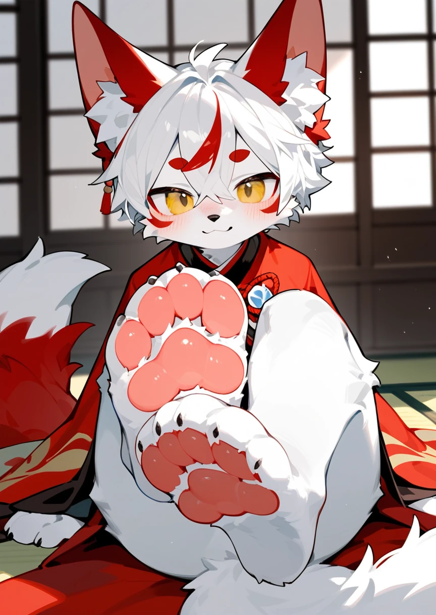 masterpiece,best quality,in the room，A cute fluffy furry kitsune male showing his feet,blush, Foot Focus,white fur with red ears, ,short white hair,half of tail is red,Anatomically correct, yellow eyes,fluffy leg, Look at the audience，scornful face