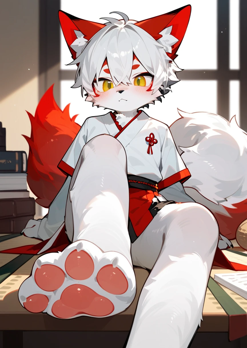 masterpiece,best quality,in the room，A cute fluffy furry kitsune male showing his feet,blush, Foot Focus,white fur with red ears, ,short white hair,half of tail is red,Anatomically correct, yellow eyes,fluffy leg, Look at the audience，scornful face