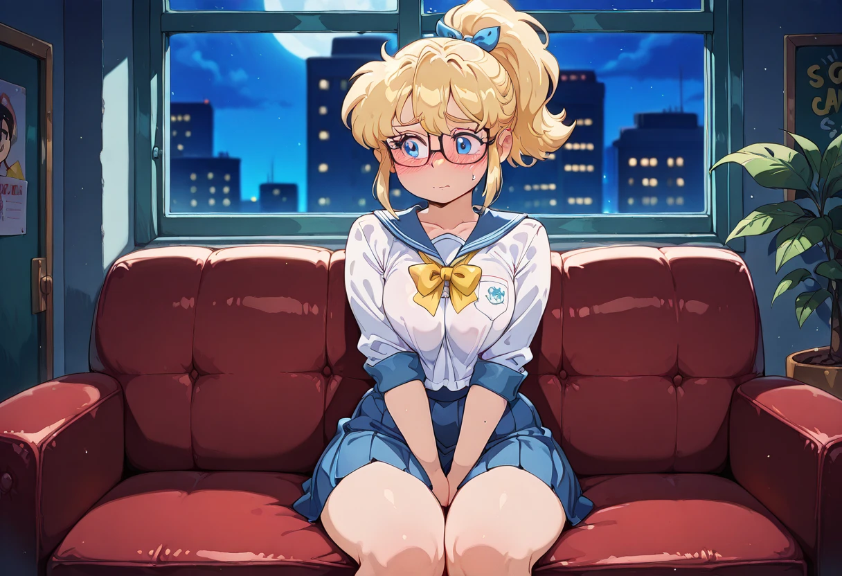 score_9, score_8_up, score_7_up, score_6_up, Bl3th3bn3_Styl3_SKNSFW, masterpiece, best quality, 1girl, blue eyes, blonde, ponytail, nerd, braces, glases, shy, school uniform shirt skirt, piperperri_meme, couch, nightclub, hombres al rededor de ella, hombres jovenes,
