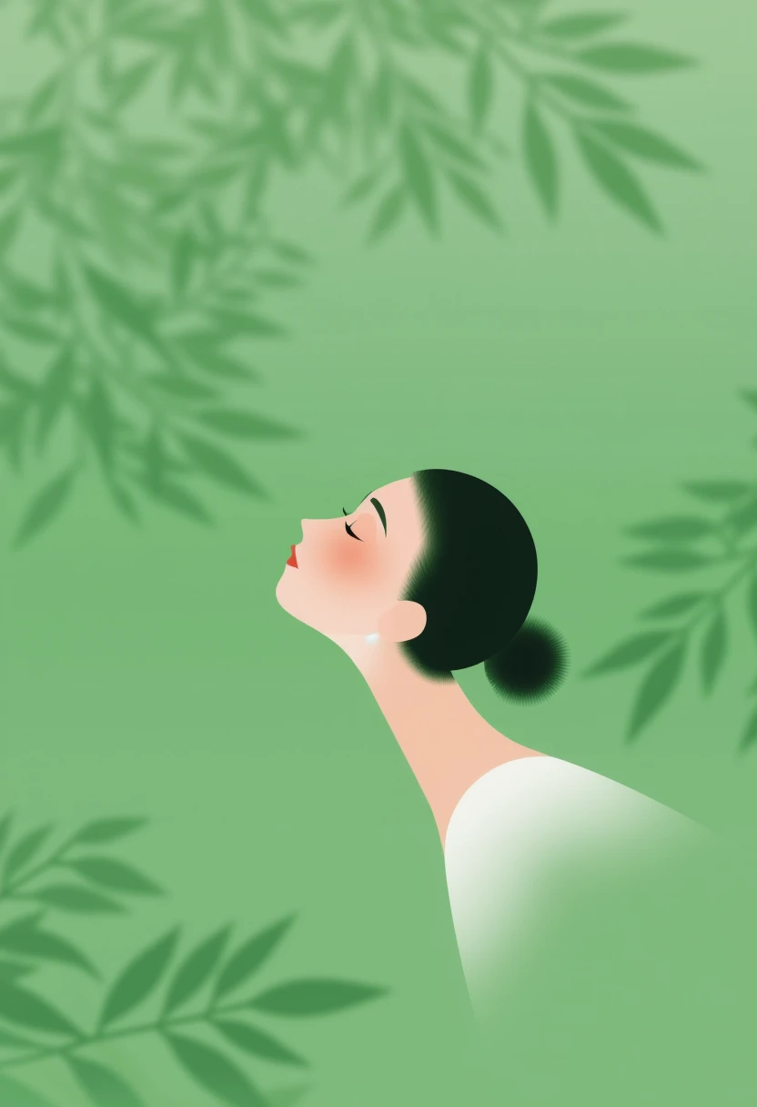 CEA, A minimalist artwork of a woman in a green-toned setting, tilting her head upward peacefully with closed eyes. Her hair is styled in a sleek bun, and soft light highlights her serene facial features. The background features blurred silhouettes of tree leaves, blending harmoniously into the tranquil green atmosphere. The overall composition emphasizes simplicity, calmness, and a deep connection to nature.