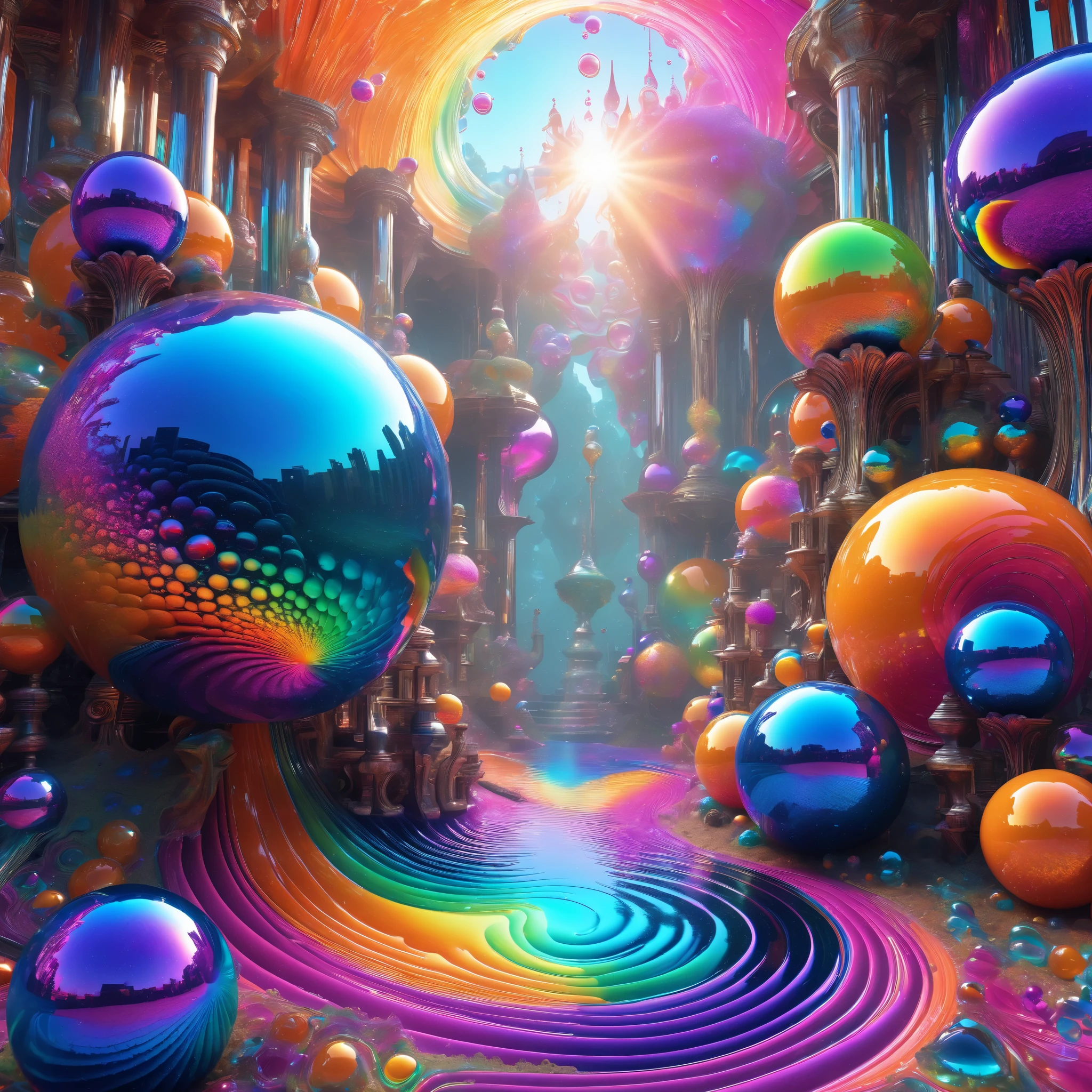 a psychedelic digital art,ultra-detailed vibrant fluorescent neon colors,intricate rainbow glass-like environment,shimmering glass bubbles morphing out of swirling colors,glowing light and reflection,4d mandelbulb psychedelic landscape,bright overexposed backlighting with depth of field,award winning masterpiece,pixel art,portrait photography,photorealistic,hyperdetailed,glass morphism,sparkle,optical illusion,rotational symmetry,best quality,8k,ultra-fine detailsWithin the black of the abyss, intense bright, colorful, perfectly symmetrical glass spheres containing the glowing light of acidzlime within the glass. Smaller glass orbs beneath that melt and drip vibrant colorful symetrical patterns that cover the ground and merge together in a quilt of intricate and complex designs. High fantasy, magical effects,Portrait photography, cinematic photography, photorealistic UHD, intricate, complex, attention to detail, optical illusions, unique patterns and designs, avant garde, masterpiece. Light is emerging from colors in a psychedelic dream, shimmering glass morphing out of colors, tripped out vibrant colors, perfectly formed beautiful reflective bubbles, attention to detail on the bubbles and spheres, beautiful psychedelic digital art, pixel art, trippy colors, 4d mandelbulb psychedelics, glass like psychedelic landscape, intricate rainbow environment, psychedelic underwater brightness, neon colors, bright  colors, psychedelic trip, fluorescent psychedelic aesthetic, psychedelic vibrant colors, bright psychedelic neon colors, paint splattered backgrounds,swirling spirals and vortex, bright vibrant colors popping out from 3d glass spheres, Pixel Assets, Portrait photography, surrealism, Photorealistic, Hyperdetailed, Glass Morphism, Digital Art, Sparkle, Optical Illusion, Glowing Light, Reflection Light, Overexposure, Backlighting, Depth Of Field, Rotational Symmetry, UHD, High Details, High Quality, Super Detailed, Best Quality, Award Winning, Masterpiece.   