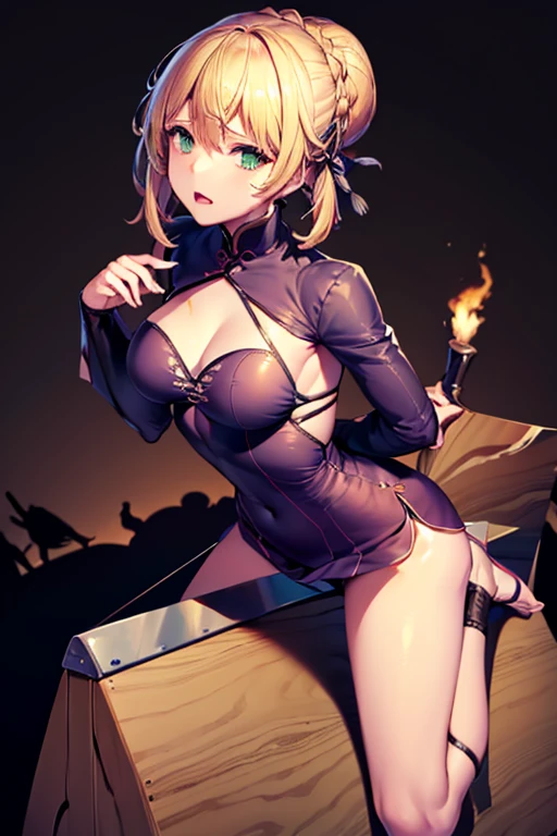 masterpiece,  top quality ,  high res, CC Saver, Blonde,  green eyes,  , ( Chinese clothes:1.3),  frown,,  one girl , Trojan horse, Crotch rubbing, Liquid that makes you think , Binding,, masterpiece,  top quality ,  very detailed、( turn your hands around your back :1.5)、 NFFS,  Big Breasts, White Hair,  Focus on Women ,  full body ,   juice , sweat, (Straddling a Trojan horse:1.3)、 crying 、( Clothes Are Ripped :1.3)、 open her mouth 、