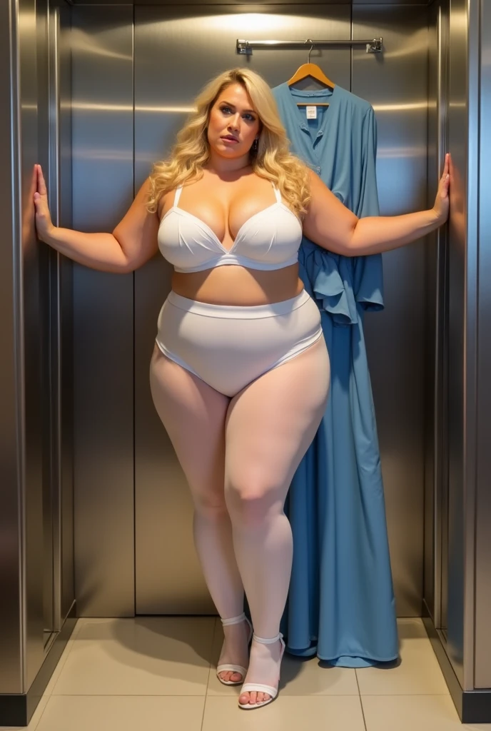 Fat woman, 40 years old white Caucasian woman, transparent lingerie, cleavage, inside subway public bathroom, MILF, long straight blonde hair, serious, chubby, bbw,  standing up 