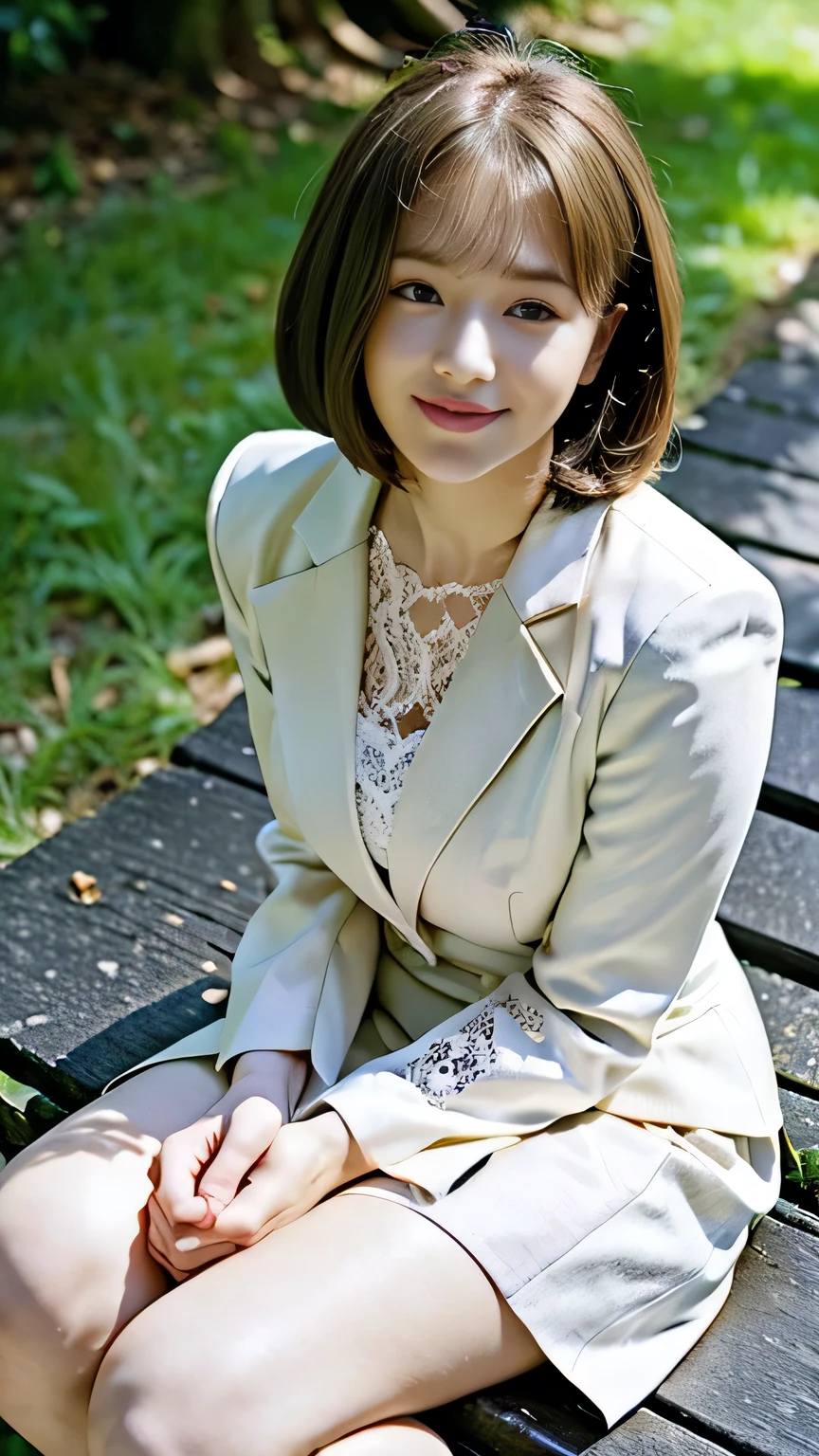 sunny day, graceful photo of a girl in a Blazer Dress, (puffy eyes:1.05), (white lace shirt), platinum brown hair, (angled bob:1.4), flat bangs, (flowing hair), smile slightly, happy, happiness, high detailed skin, skin pores, stunning innocent symmetry face, long eyelashes, black eyeliner, light golden eyeshadow,(sitting down on the banch), crossed_legs, emotional, wind, park, trees, grass, masterpiece, best quality, photorealistic,