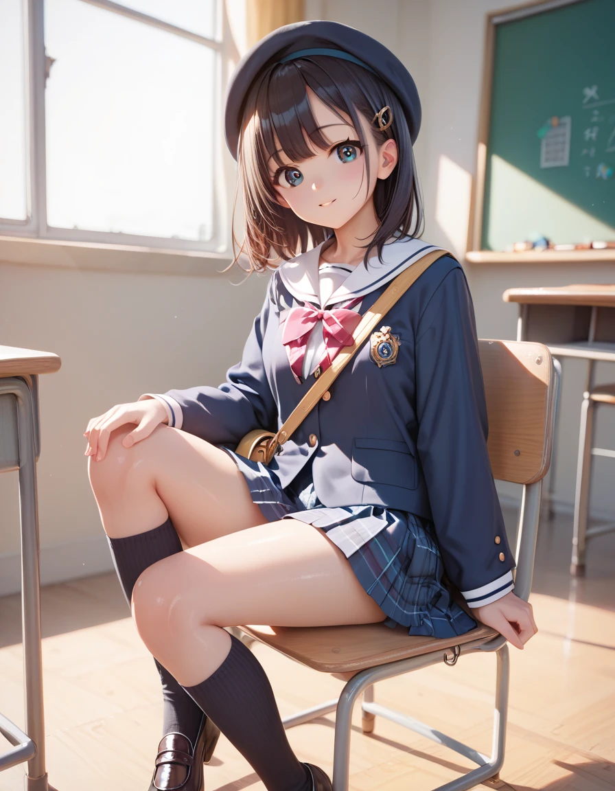 score_9, score_8_ up, score_7_ up, Source_Anime,  high resolution picture ,masterpiece, top quality , girl , cute face, clean skin, shiny hair, super detailed eyes,  simple background,  women's clothing,  school uniform, shoulder bag, beret, black knee-high socks up to the knee,  school classroom,  sitting on chair 