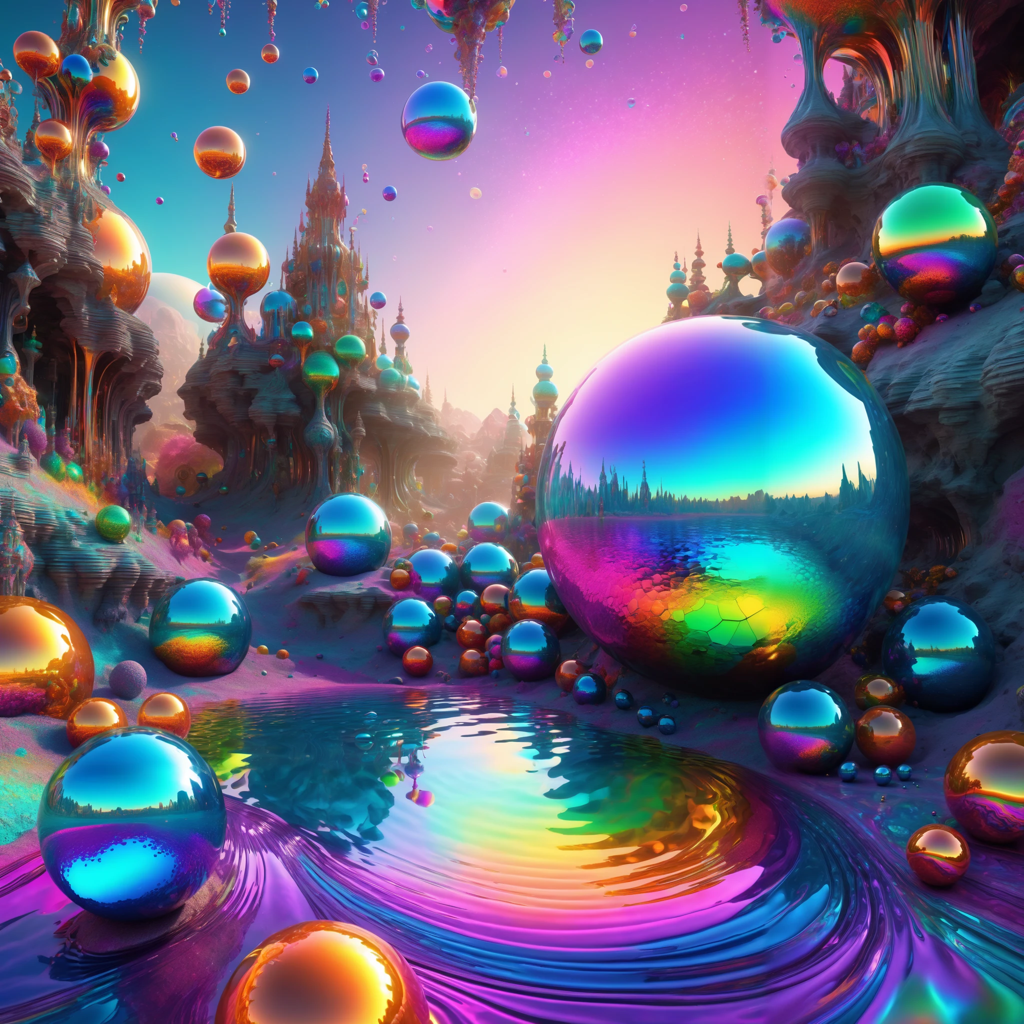 a psychedelic digital art,ultra-detailed vibrant fluorescent neon colors,intricate rainbow glass-like environment,shimmering glass bubbles morphing out of swirling colors,glowing light and reflection,4d mandelbulb psychedelic landscape,bright overexposed backlighting with depth of field,award winning masterpiece,pixel art,portrait photography,photorealistic,hyperdetailed,glass morphism,sparkle,optical illusion,rotational symmetry,best quality,8k,ultra-fine detailsWithin the black of the abyss, intense bright, colorful, perfectly symmetrical glass spheres containing the glowing light of acidzlime within the glass. Smaller glass orbs beneath that melt and drip vibrant colorful symetrical patterns that cover the ground and merge together in a quilt of intricate and complex designs. High fantasy, magical effects,Portrait photography, cinematic photography, photorealistic UHD, intricate, complex, attention to detail, optical illusions, unique patterns and designs, avant garde, masterpiece. Light is emerging from colors in a psychedelic dream, shimmering glass morphing out of colors, tripped out vibrant colors, perfectly formed beautiful reflective bubbles, attention to detail on the bubbles and spheres, beautiful psychedelic digital art, pixel art, trippy colors, 4d mandelbulb psychedelics, glass like psychedelic landscape, intricate rainbow environment, psychedelic underwater brightness, neon colors, bright  colors, psychedelic trip, fluorescent psychedelic aesthetic, psychedelic vibrant colors, bright psychedelic neon colors, paint splattered backgrounds,swirling spirals and vortex, bright vibrant colors popping out from 3d glass spheres, Pixel Assets, Portrait photography, surrealism, Photorealistic, Hyperdetailed, Glass Morphism, Digital Art, Sparkle, Optical Illusion, Glowing Light, Reflection Light, Overexposure, Backlighting, Depth Of Field, Rotational Symmetry, UHD, High Details, High Quality, Super Detailed, Best Quality, Award Winning, Masterpiece.   