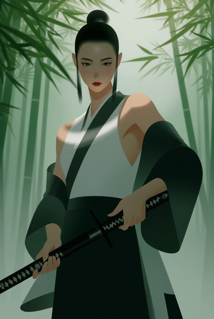 CEA, illustration of one female samurai, Stand in a combat stance, Pulling the sword out of the sheath in her hand, Ready for Battle, In full samurai attire ( kimono) (Bamboo forest wind), (The wind lifted the leaves), Cut her shoulder ( high skin detail: 1.2), 8K UHD, SLR camera, Soft lighting, High quality, Film grain, Fuji XT3