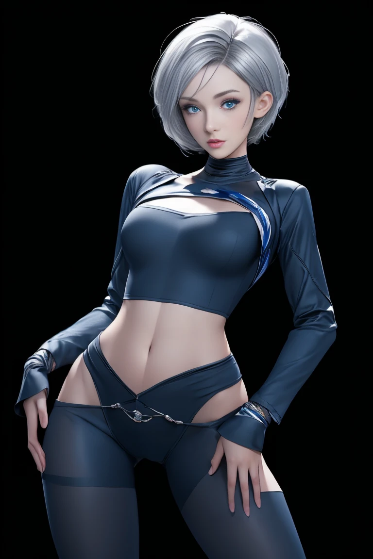 1girlfullbodyimage, albino skin ultra real, short straight albino hair, clear blue eyes, wearing gothic latex black outfit, sci-fi background, absurdres, high res, ultrasharp, 8K, masterpiece, looking at viewer, young Japanese girl in black latex outfit, (Bare shoulders, Black latex mini shorts, Beautiful round breasts, Double eyelids, parted lip, Blue eyes, Solo, ((Areola)), (cleavage), Delicate and sexy (鎖骨: 1.3), Shiny reflective albino hair, (Glossy albino skin: 0.8), (Masterpiece: 1.4), (Best quality: 1.4), Natural(Big:1.25), Glossy lips, Perfect abs, (Thin areola), (latex fabric) (Perspectiveal), Tight waist,, Areola, Inner seam, hourglass body shape, navel, Open legs, Blush, Voluptuous, bodybuilder shape