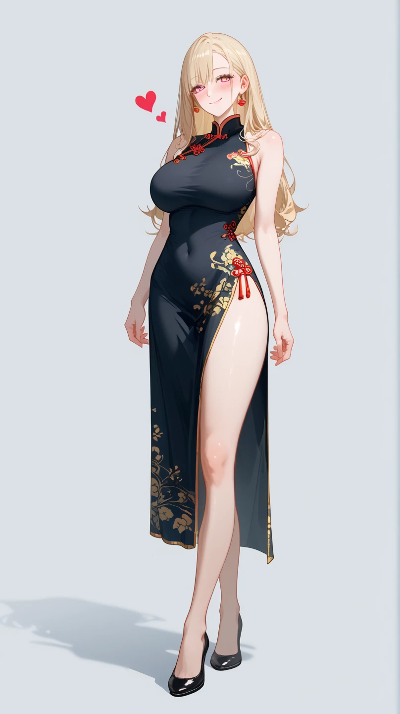 1 Girl,  unique ,  HD, Accurate,  long hair, blond, 头发在眼睛之间,  Big Breasts ,  blush,  has a seductive smile, heart in eye,  Wearing cheongsam， Full Body Photo ， long legs，Black Silk