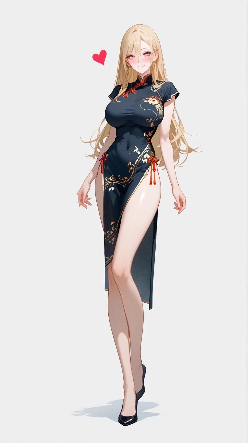 1 Girl,  unique ,  HD, Accurate,  long hair, blond, 头发在眼睛之间,  Big Breasts ,  blush,  has a seductive smile, heart in eye,  Wearing cheongsam， Full Body Photo ， long legs，Black Silk