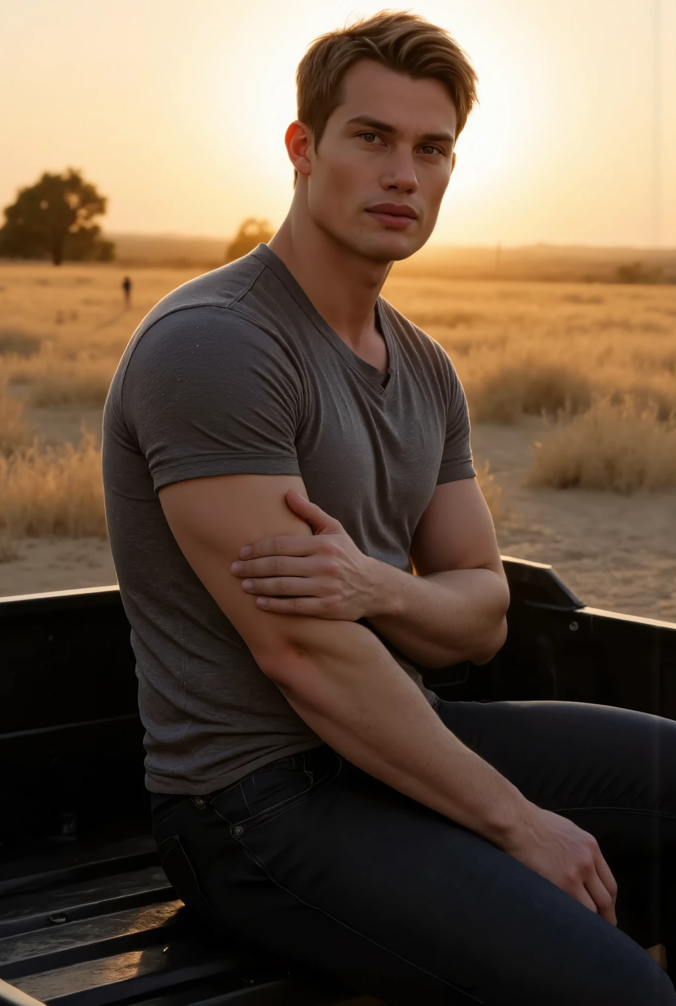 Nicholas Galitzine with short dark brown hair. He has a strong jawline, sharp cheekbones, and a slightly pointed chin, giving him a chiseled look. He is clean shaven. He is sitting in the flat bed of his Ute. The Australian Outback during a sunset is in the background. He has a light complexion and expressive brown eyes. His facial expression is neutral, with a slight, cocky smile. He is wearing a tight grey button down work shirt, that is tight against his muscled body, with the sleeves rolled up to his elbows, with two buttons undone. He is wearing fitted denim jeans that hug his crotch, showing off his large realistic dick print. With a black belt and silver buckle