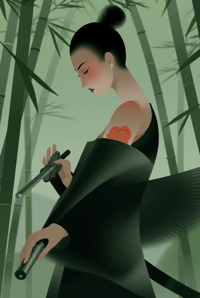 CEA, illustration of one female samurai, Stand in a combat stance, Pulling the sword out of the sheath in her hand, Ready for Battle, In full samurai attire ( kimono) (Bamboo forest wind), (The wind lifted the leaves), Cut her shoulder ( high skin detail: 1.2), 8K UHD, SLR camera, Soft lighting, High quality, Film grain, Fuji XT3