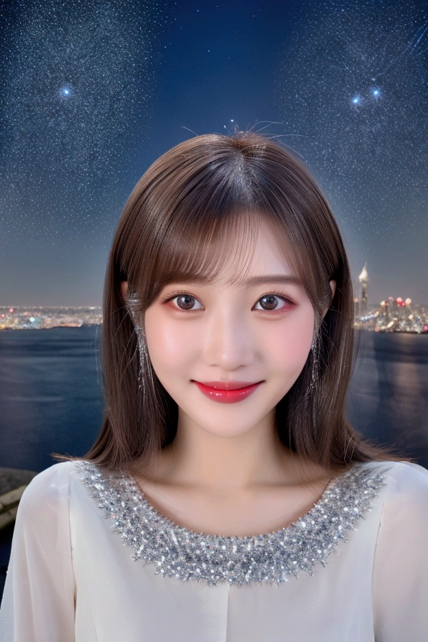 Human-like、 looking at camera, Drooping eye corners, White teeth, ((20 years old)),  top quality ,  super high res, ( realistic: 1.4),  bright smile, ((Sparkling Night View )),  upper body, ( Center Split Hairstyle ), ((turn around)),  beauty