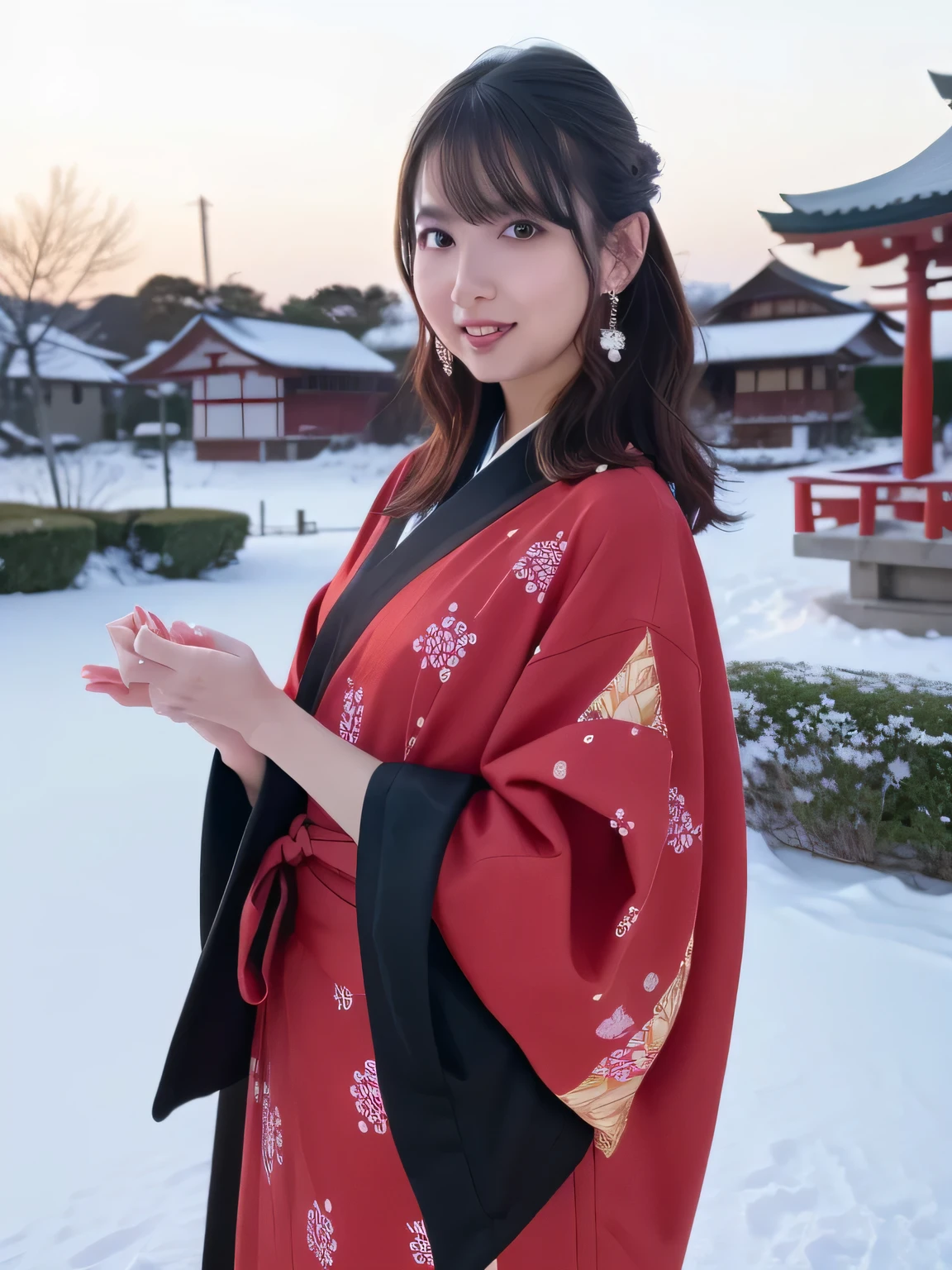 A breathtakingly beautiful 20-year-old woman with a slender physique, dressed in an elegant and luxurious black and red kimono suitable for the Japanese New Year. The background showcases a serene sunrise on New Year's Day, with a traditional Japanese shrine, snow-covered grounds, and vibrant red camellias in full bloom. The scene captures a harmonious blend of traditional beauty and the peaceful atmosphere of a snowy New Year's morning. smiles gently, FRIENDLY.  smiles gently, FRIENDLY. ( RAW photos , top quality ), ( realistic , photo- realistic :1.4), masterpiece, extremely delicate and beautiful, extremely detailed, 2k wallpaper, amazing on the beach, Detailed description, extremely detailed CG unity 8k wallpaper, Ultra Details, high res, Soft light, beautiful detailed girl looking back, extremely detailed eyes and face, beautiful detailed nose, beautiful detailed eyes, cinematic lighting, Perfect Anatomy, slender body. 