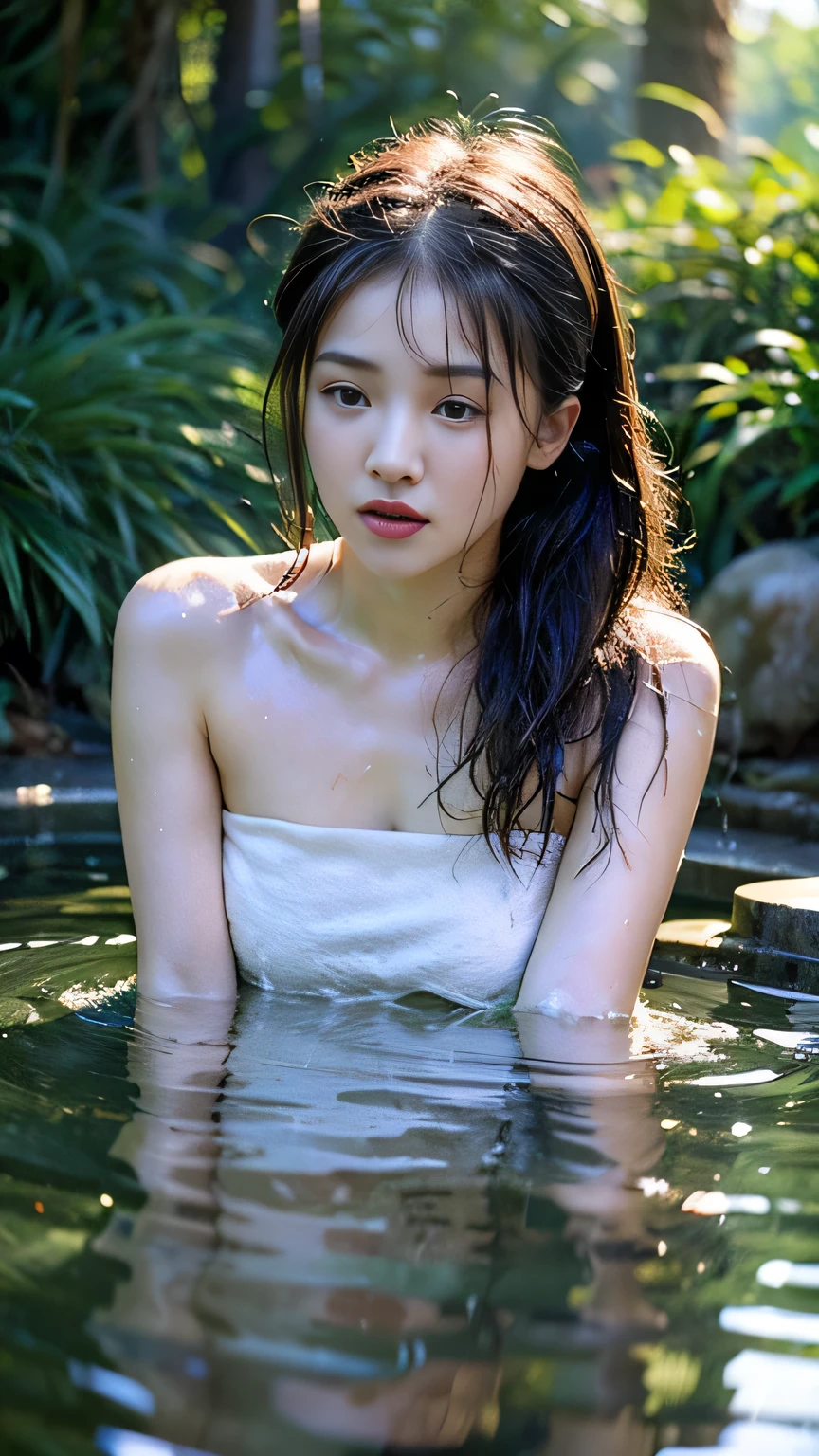 (masterpiece), (best quality:1.4), Ridiculous, [:intricate details:0.2], 1 girl, (naked towel), (fountain, hot spring:1.2), hydrated skin, (FOG:1.2), mist, skin shiny, Glowing skin, (partially submerged in the hot spring:1.2), (wet hair:1.2), mist, wet, moisture,full-body shot