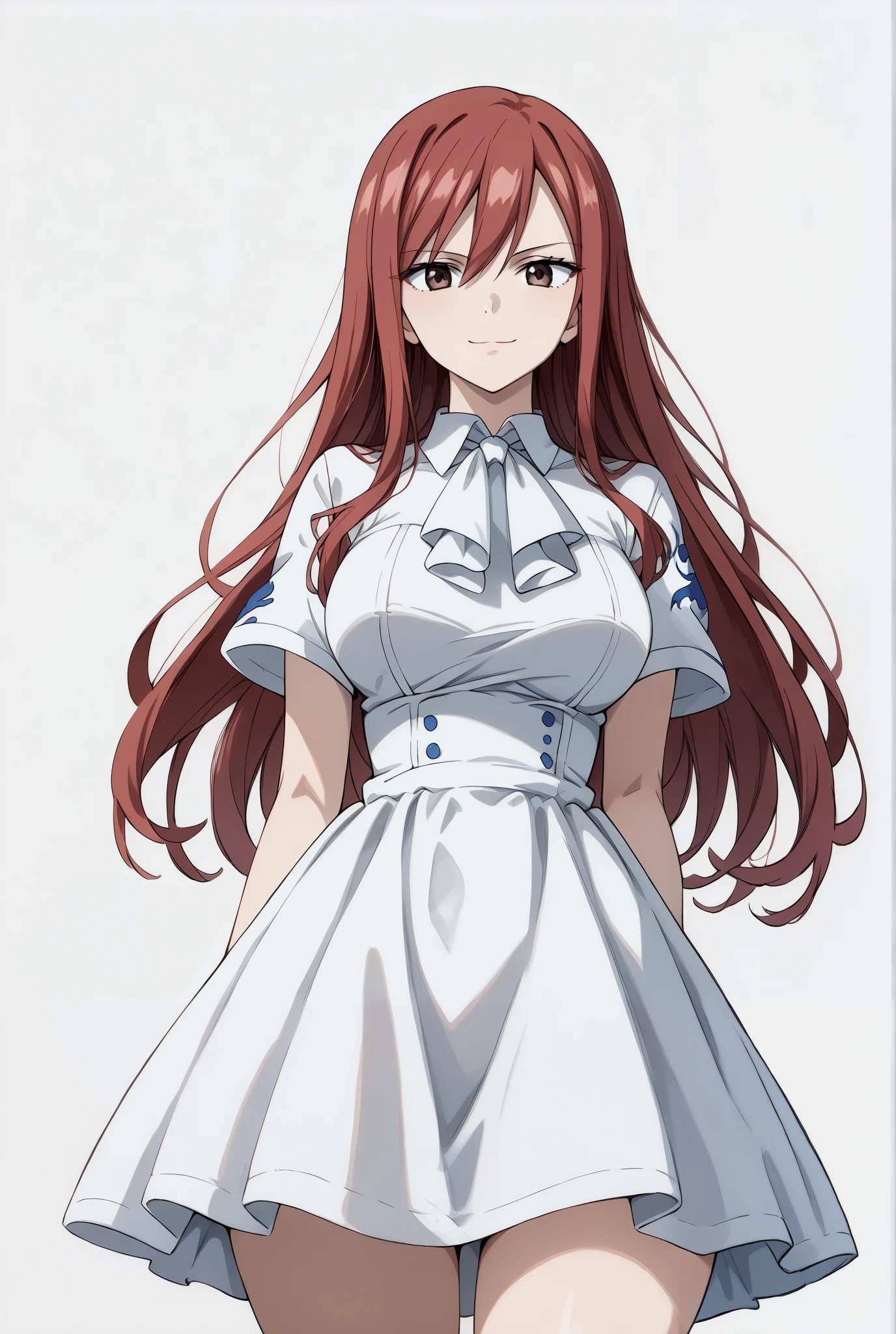 score_9, score_8_up, score_7_up, source_anime, 4K,perfect fingers,(perfect hands, perfect anatomy),prefect lighting, very aesthetic, intricate details,highly detailed background, masterpiece, high quality, best quality,
1girl,erzascarlet, erza scarlet, long hair, red hair, hair between eyes, brown eyes,huge breast,dense chest,
Wearing ((white ascot,collared dress, two-tone dress,white dress,    )),
looking at the spectator, cowboy shot, filed, Arms Behind Back, high thigh individual , (large breasts:0.9),Stand up,fullbody,((White plain background:1.5)) ,smile,((front look:1.5)),