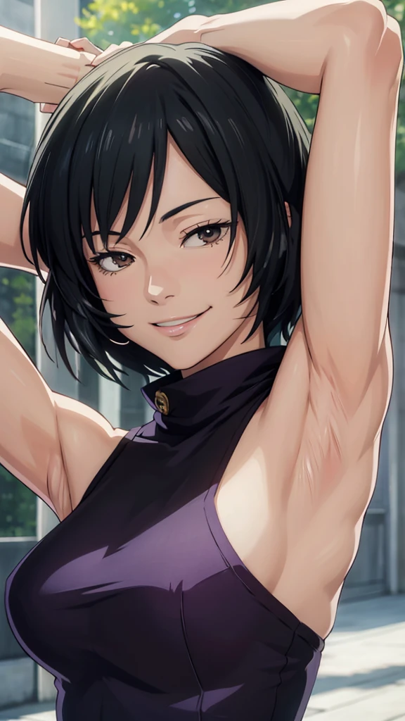 Mai, Portrait, masterpiece, 8k, ultra high quality, ultra realistic, ultra high definition, anime art, smiling, cute, seductive, armpits visible, detailed armpits